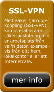 Med Säker fjärruppkoppling (SSL-VPN) kan ni etablera en säker anslutning mot er arbetsplats från valfri dator, exempelvis från ditt hem, lokalkontor eller ett internetcafé.